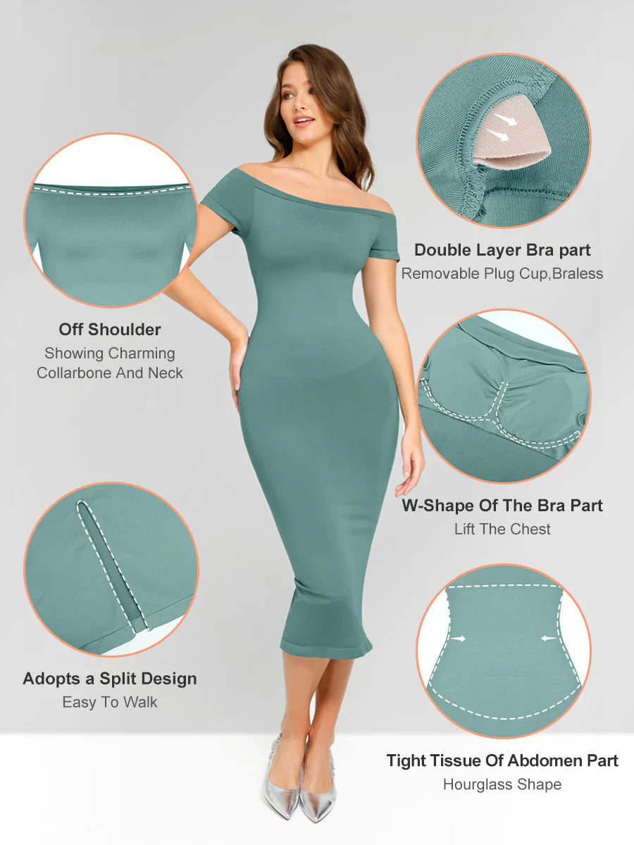 Vestido midi sin costuras con hombros descubiertos y moldeador