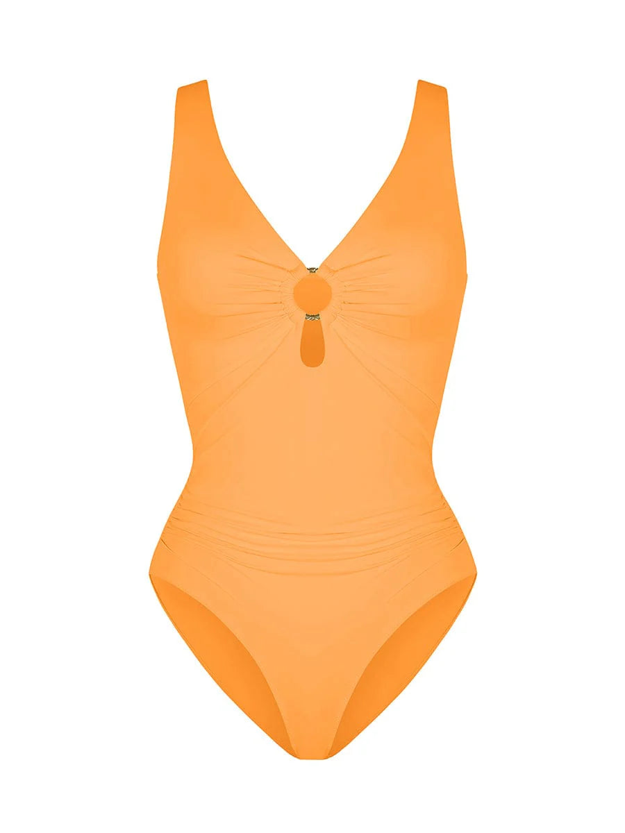 Deep V-Neck Waist Shaping Ruched One Piece Swimsuit