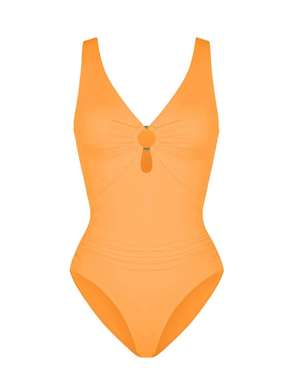 Deep V-Neck Waist Shaping Ruched One Piece Swimsuit