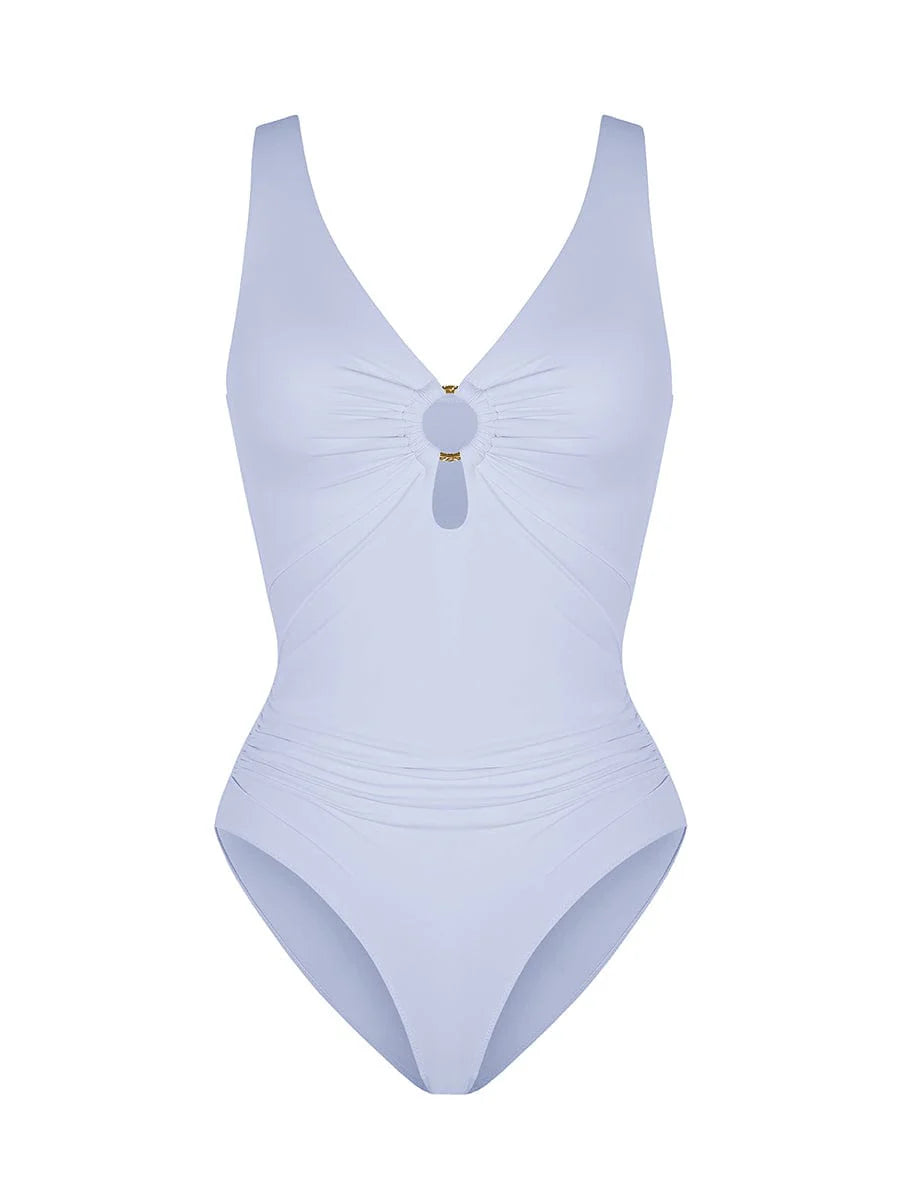 Deep V-Neck Waist Shaping Ruched One Piece Swimsuit