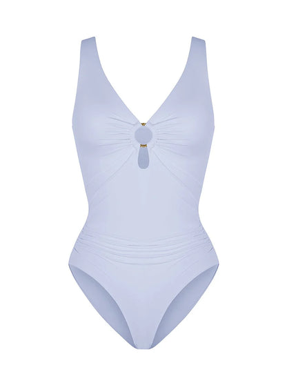 Deep V-Neck Waist Shaping Ruched One Piece Swimsuit