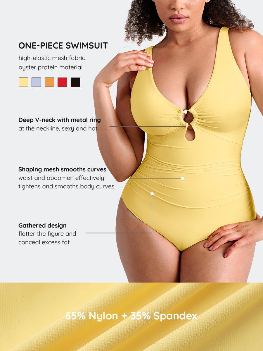 Deep V-Neck Waist Shaping Ruched One Piece Swimsuit