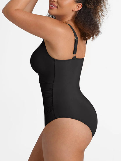 Deep V-Neck Waist Shaping Ruched One Piece Swimsuit