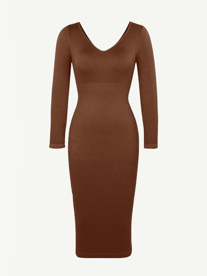 Seamless Shaping Long Sleeve V-Neck Midi Dress