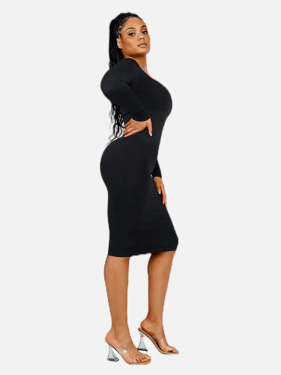 Seamless Shaping Long Sleeve Square Neck Midi Dress