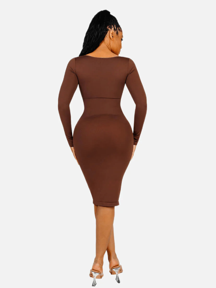 Seamless Shaping Long Sleeve Square Neck Midi Dress