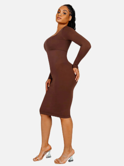 Seamless Shaping Long Sleeve Square Neck Midi Dress