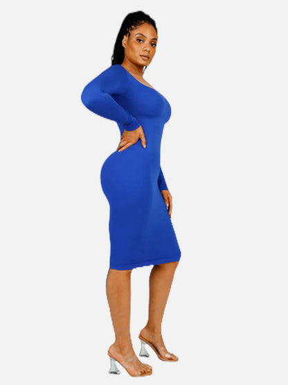 Seamless Shaping Long Sleeve Square Neck Midi Dress