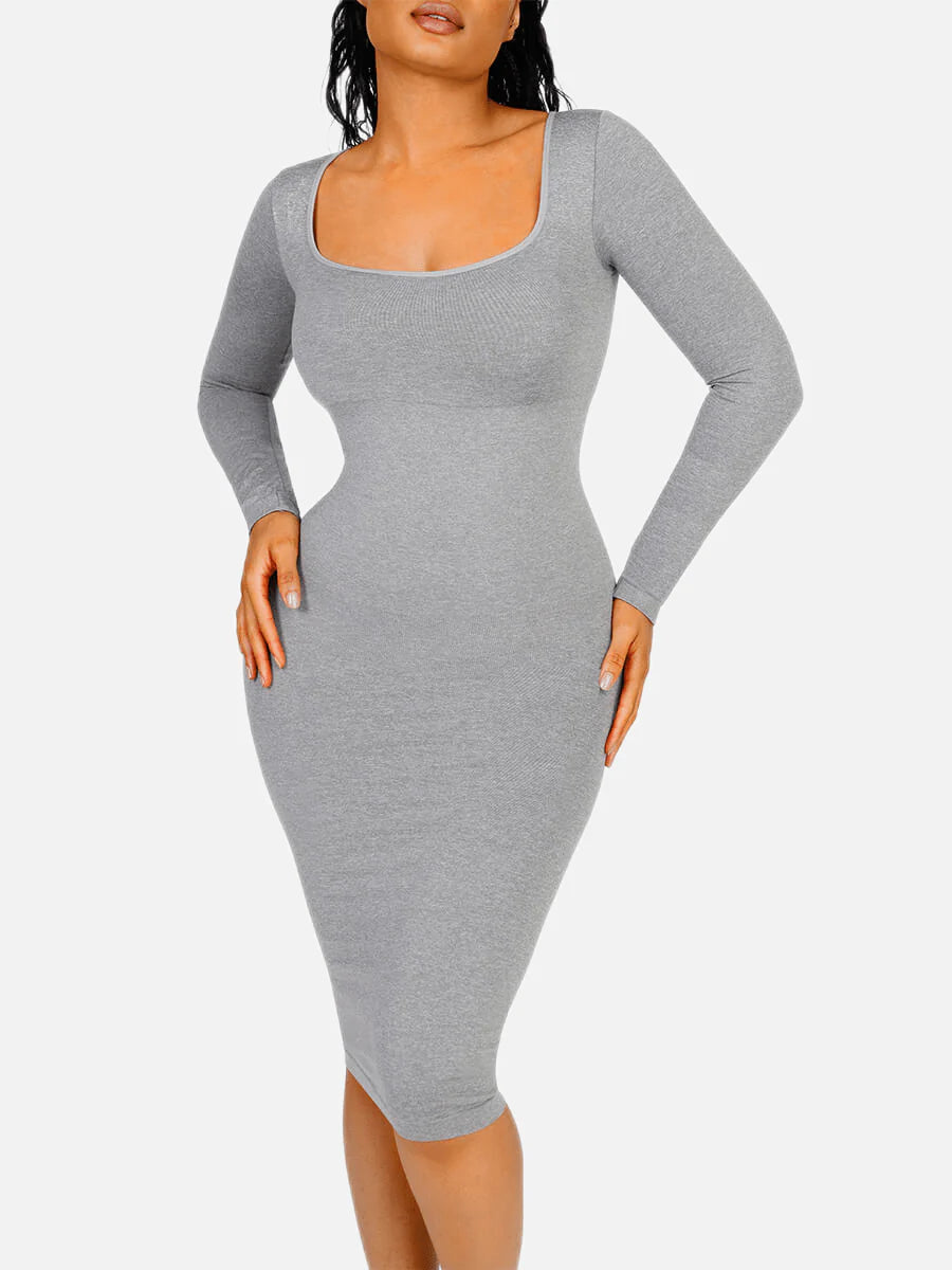 Seamless Shaping Long Sleeve Square Neck Midi Dress