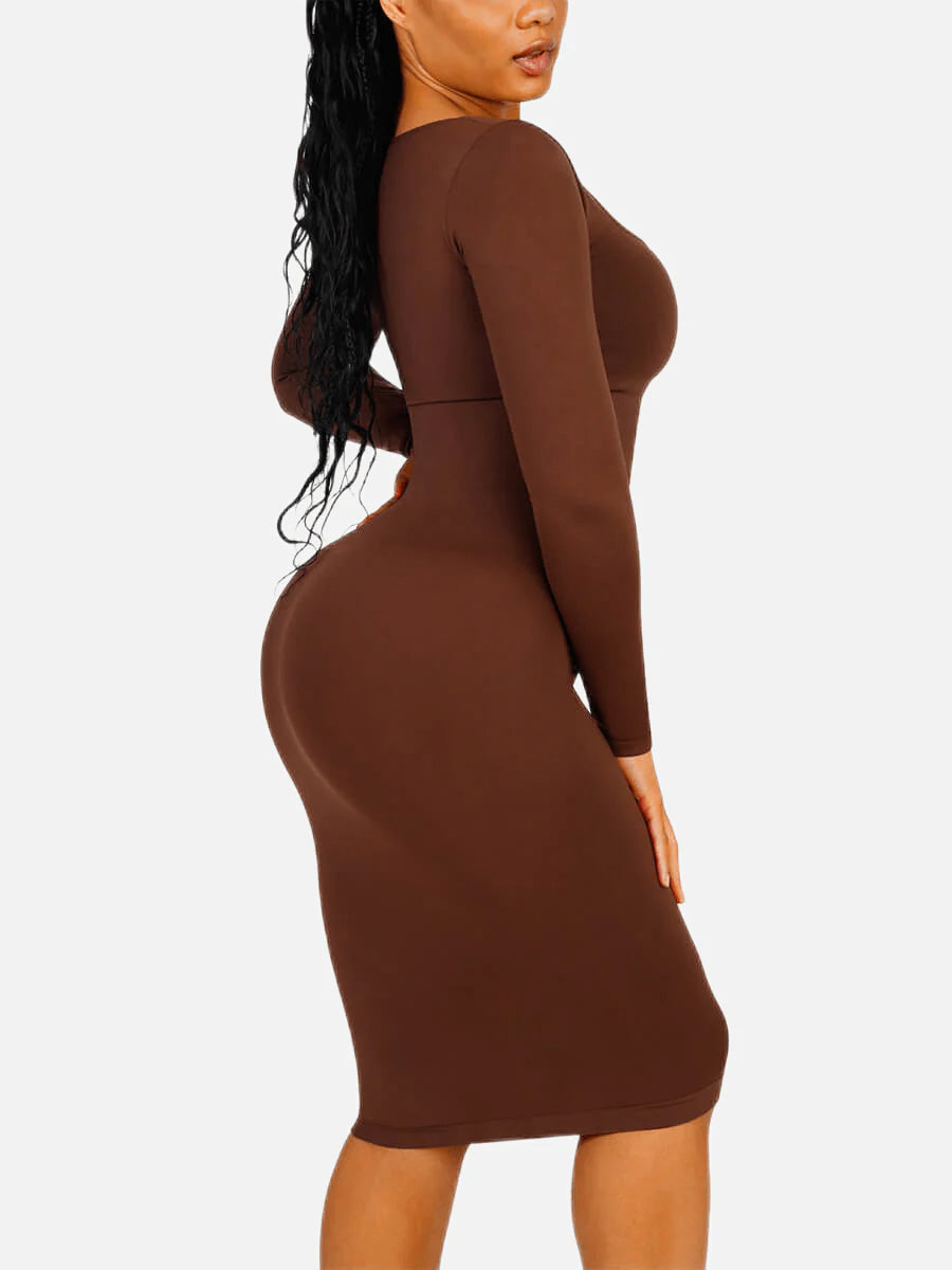 Seamless Shaping Long Sleeve Square Neck Midi Dress