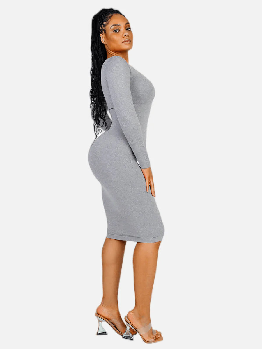 Seamless Shaping Long Sleeve Square Neck Midi Dress