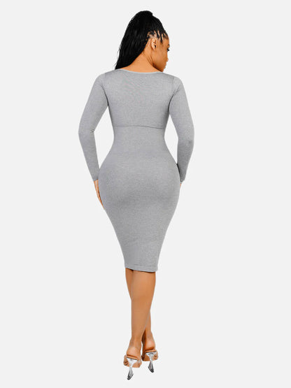 Seamless Shaping Long Sleeve Square Neck Midi Dress