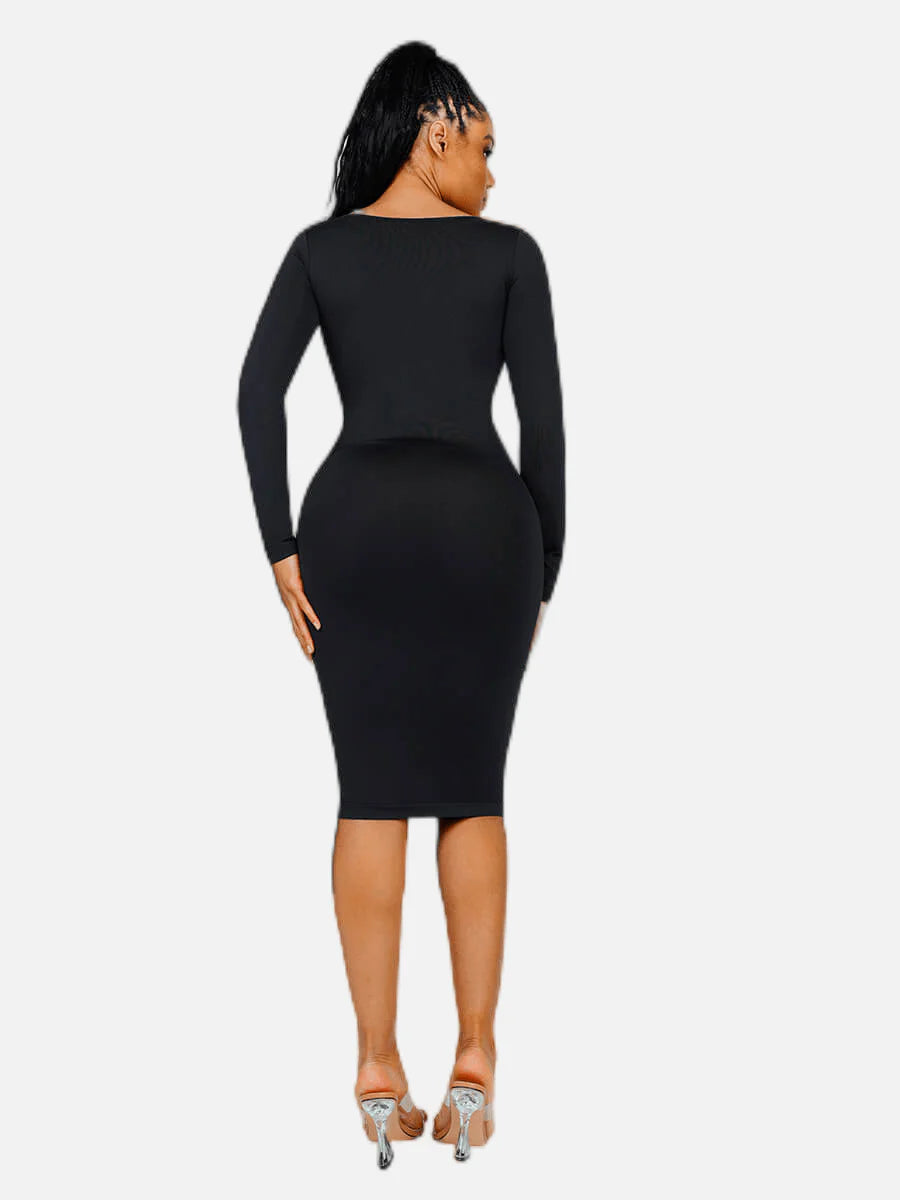 Seamless Shaping Long Sleeve Square Neck Midi Dress