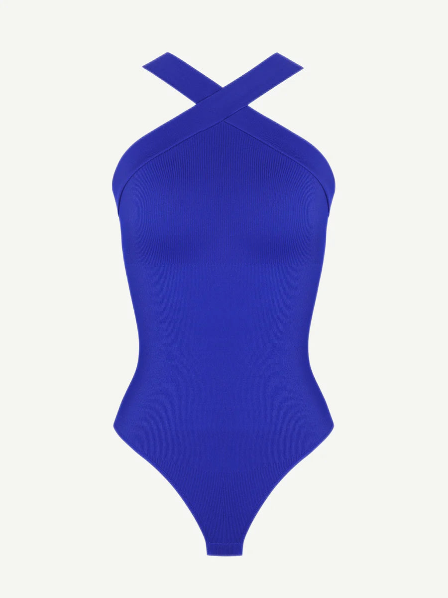 Seamless Shaping Halter-Crossover Thong Bodysuit