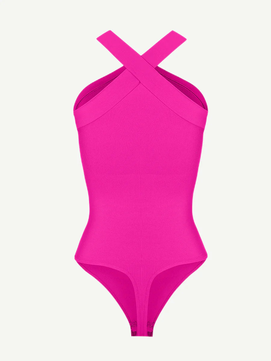 Seamless Shaping Halter-Crossover Thong Bodysuit