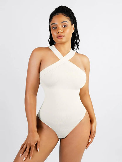 Seamless Shaping Halter-Crossover Thong Bodysuit