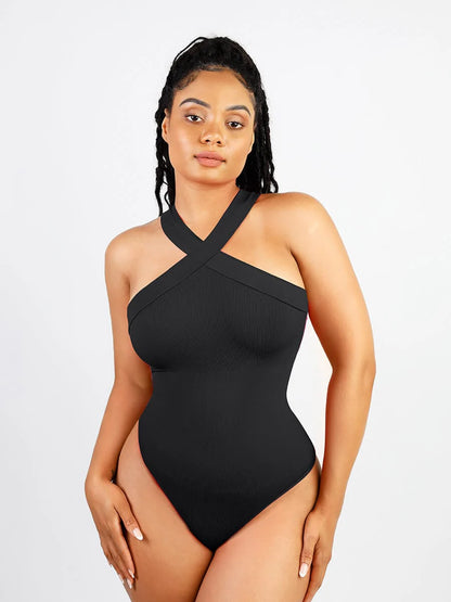 Seamless Shaping Halter-Crossover Thong Bodysuit