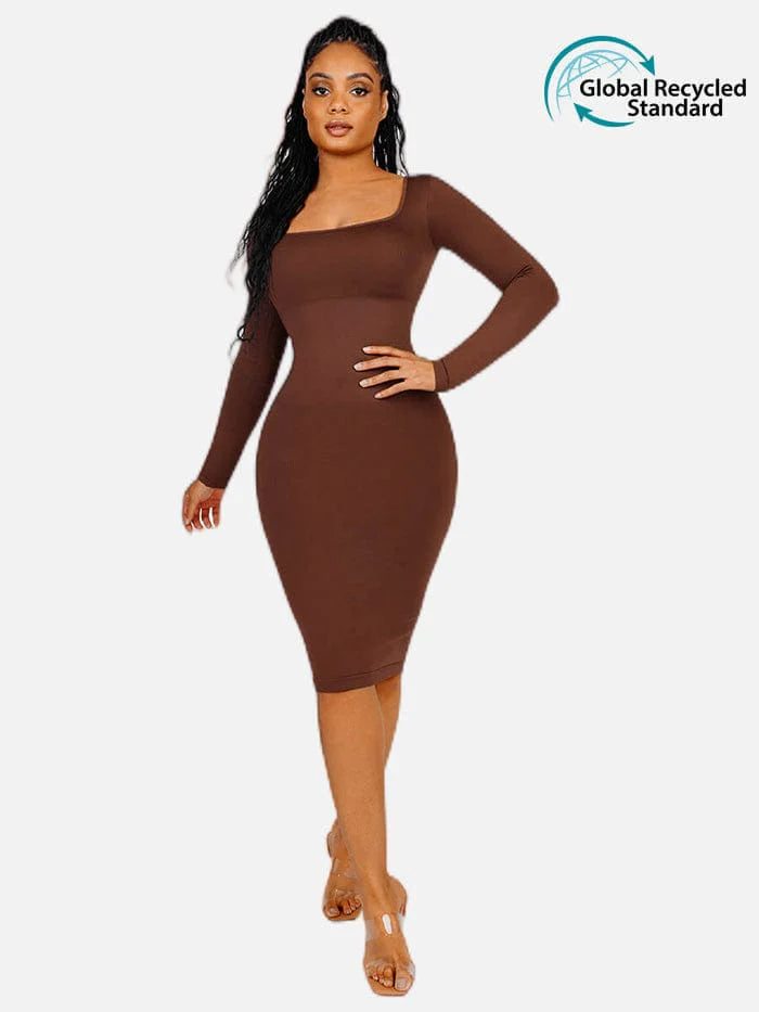 Seamless Shaping Long Sleeve Square Neck Midi Dress