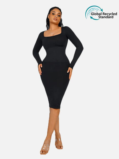 Seamless Shaping Long Sleeve Square Neck Midi Dress