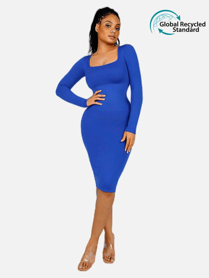 Seamless Shaping Long Sleeve Square Neck Midi Dress