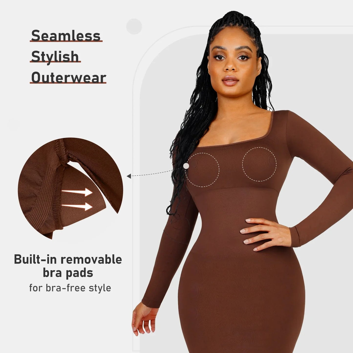 Vestido midi de cuello cuadrado y manga larga moldeador sin costuras