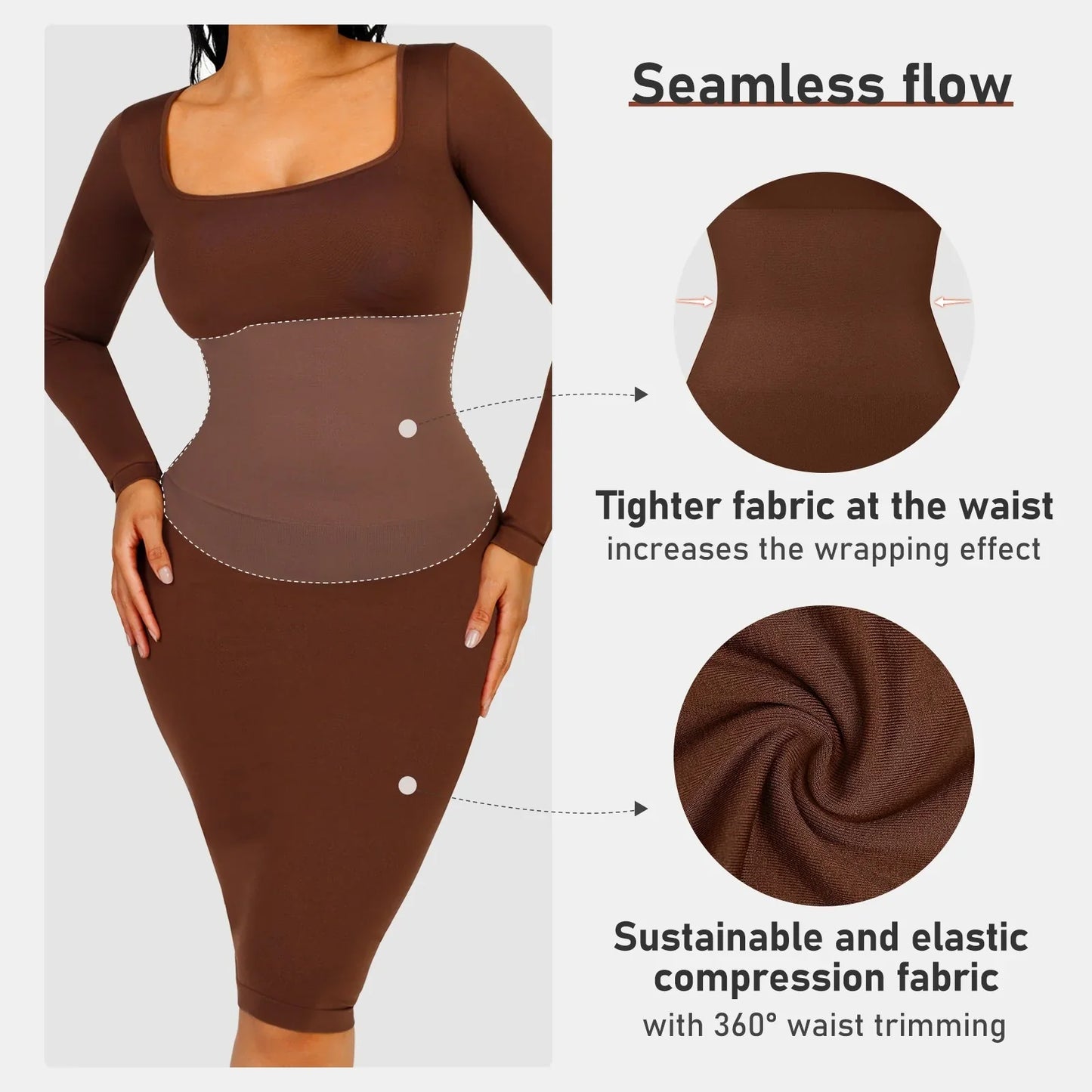 Vestido midi de cuello cuadrado y manga larga moldeador sin costuras