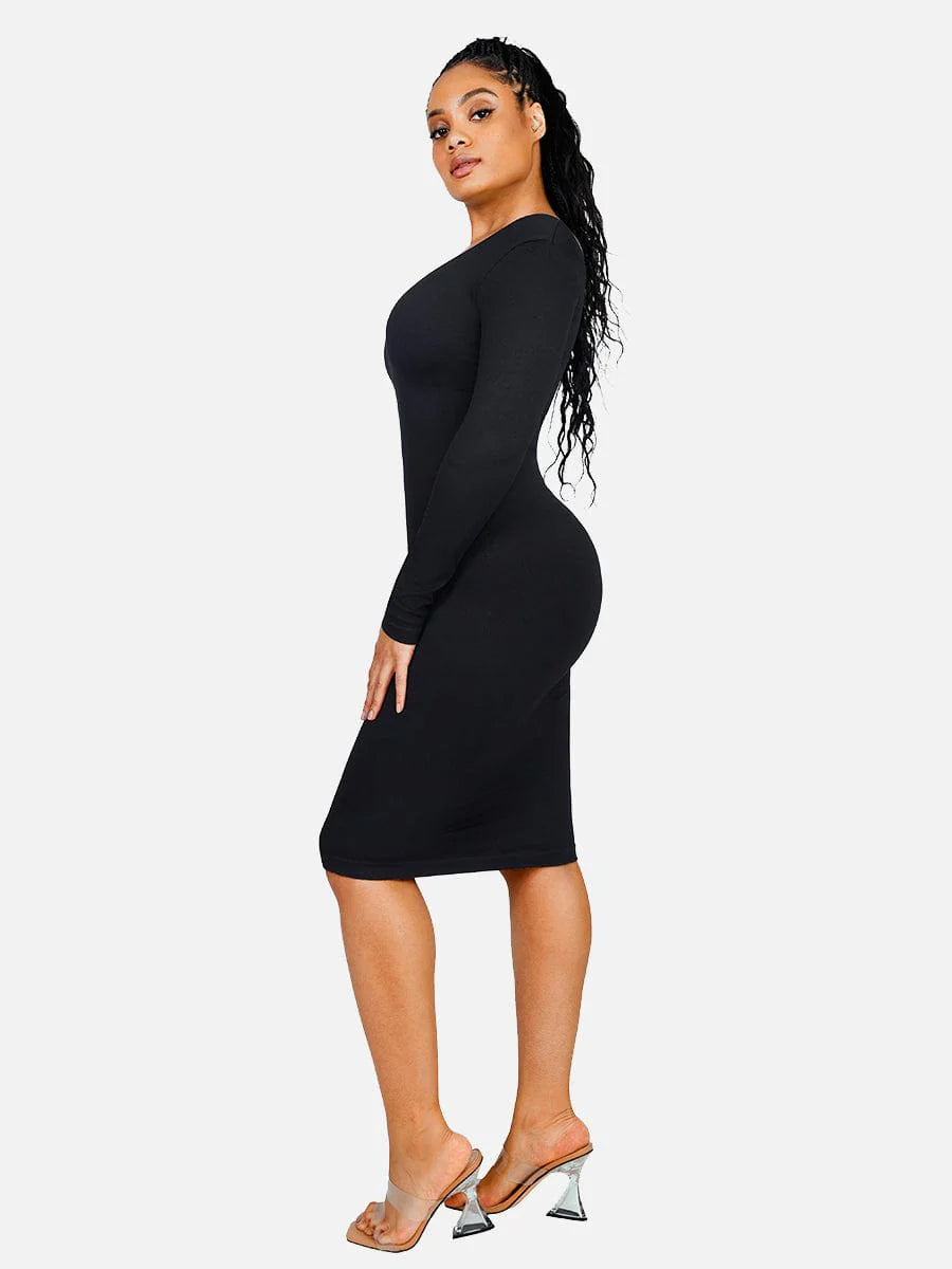 Seamless Shaping Long Sleeve V-Neck Midi Dress