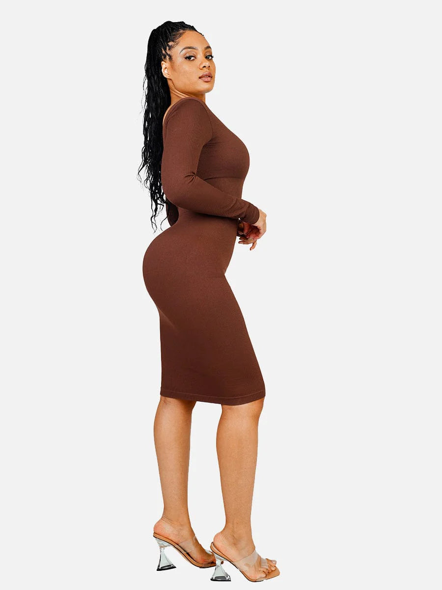 Seamless Shaping Long Sleeve V-Neck Midi Dress