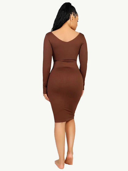 Seamless Shaping Long Sleeve V-Neck Midi Dress