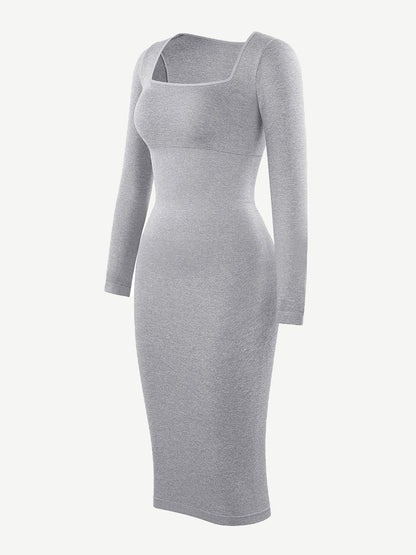 Seamless Shaping Long Sleeve Square Neck Midi Dress