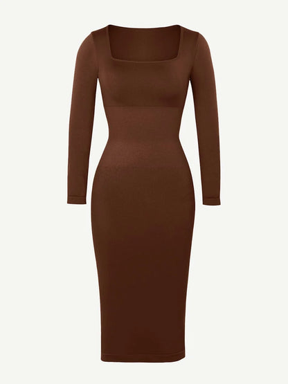 Seamless Shaping Long Sleeve Square Neck Midi Dress