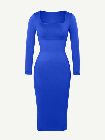 Seamless Shaping Long Sleeve Square Neck Midi Dress