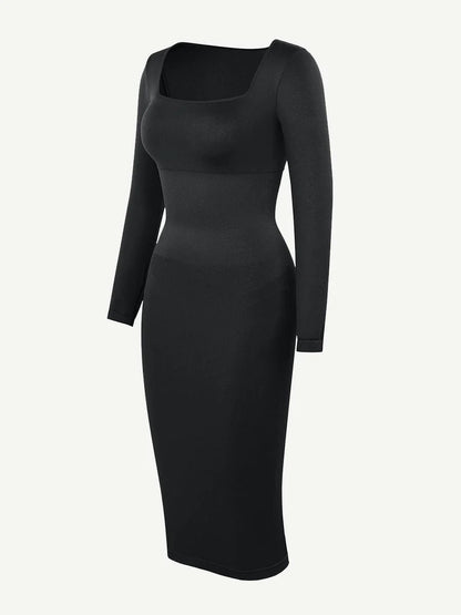 Seamless Shaping Long Sleeve Square Neck Midi Dress