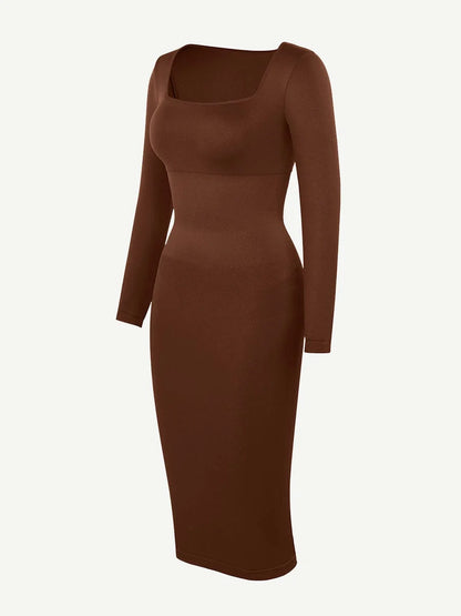 Seamless Shaping Long Sleeve Square Neck Midi Dress