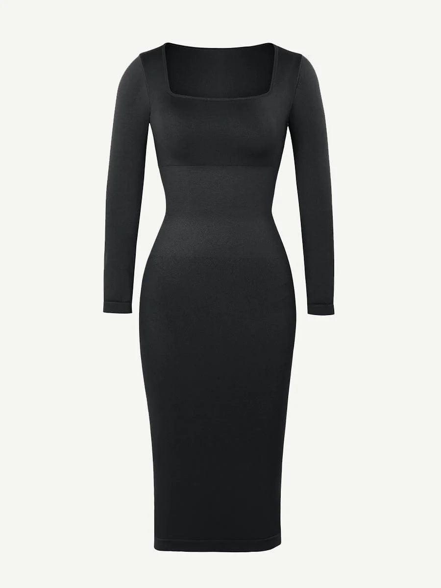 Seamless Shaping Long Sleeve Square Neck Midi Dress