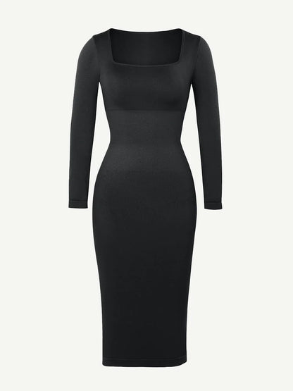 Seamless Shaping Long Sleeve Square Neck Midi Dress