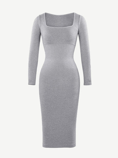 Seamless Shaping Long Sleeve Square Neck Midi Dress