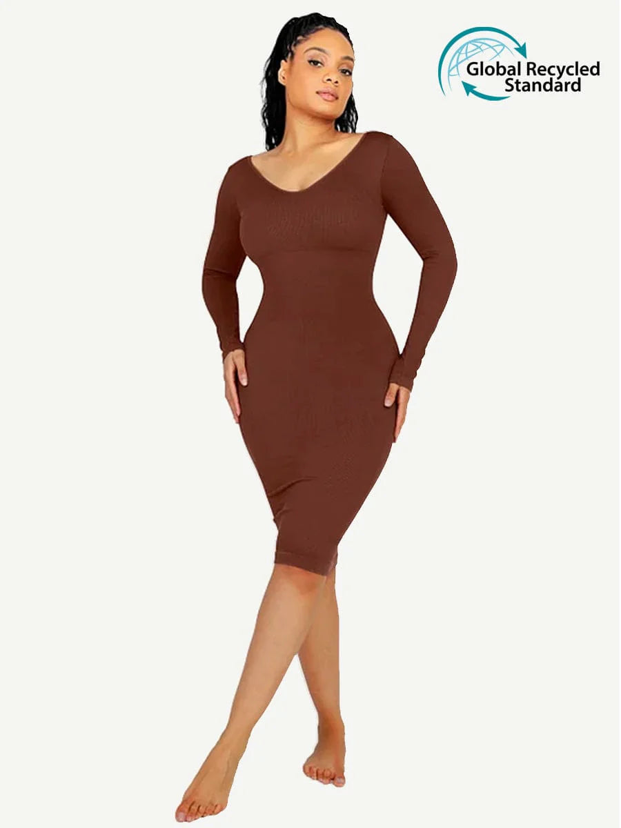 Seamless Shaping Long Sleeve V-Neck Midi Dress