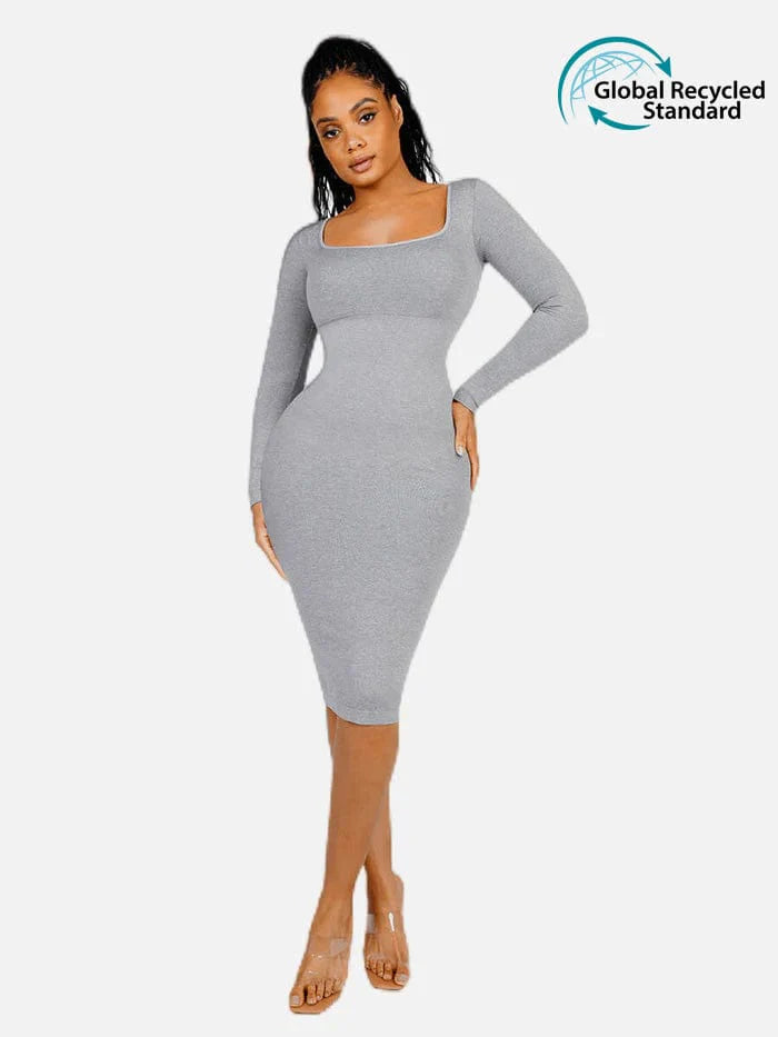 Seamless Shaping Long Sleeve Square Neck Midi Dress